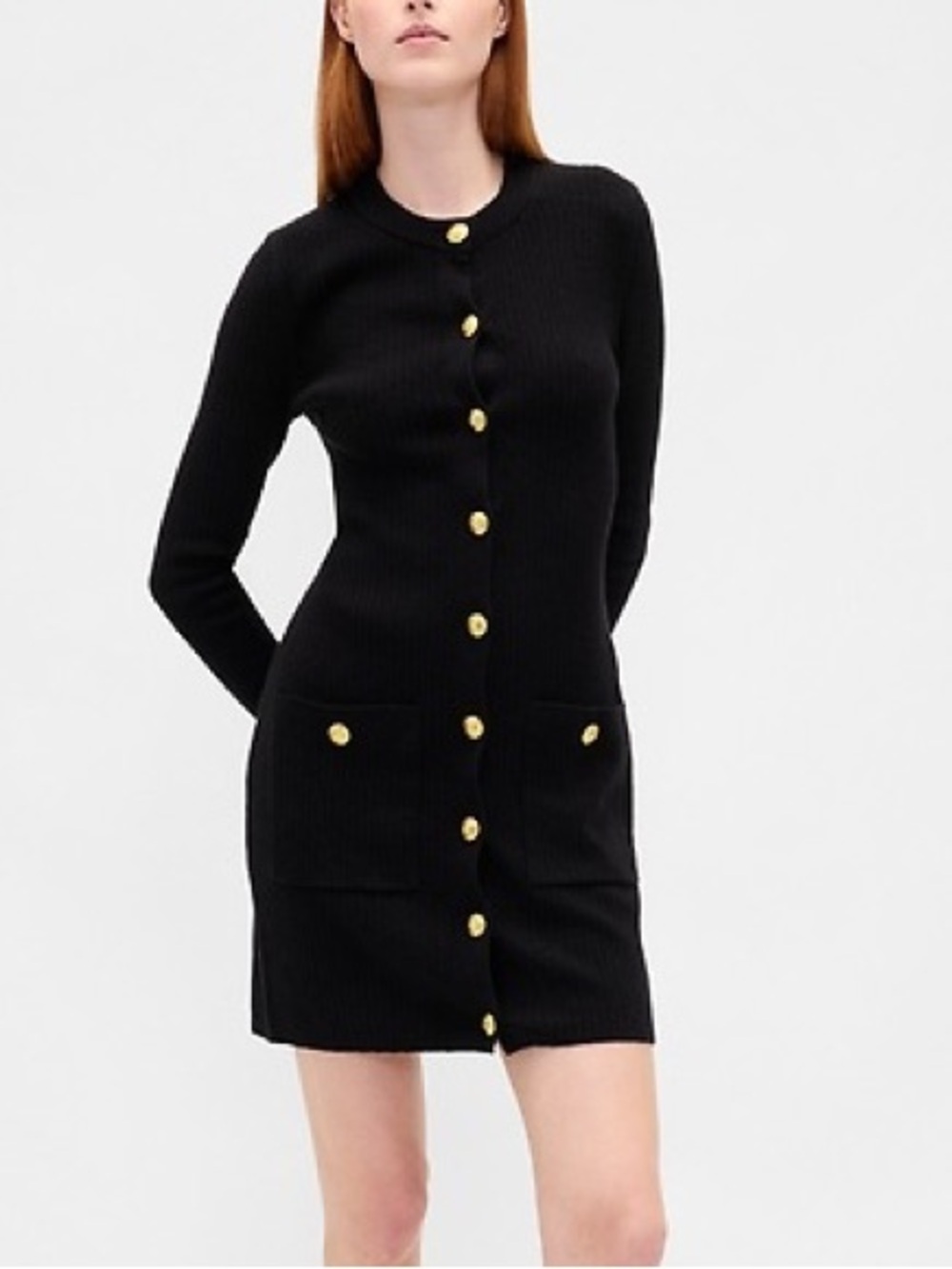 GAP Black Ribbed Knit Mini Dress with Gold Buttons